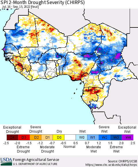 Western Africa SPI 2-Month Drought Severity (CHIRPS) Thematic Map For 7/16/2022 - 9/15/2022