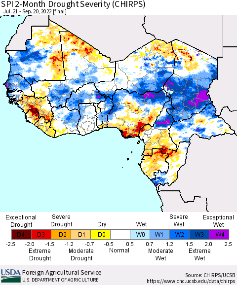 Western Africa SPI 2-Month Drought Severity (CHIRPS) Thematic Map For 7/21/2022 - 9/20/2022