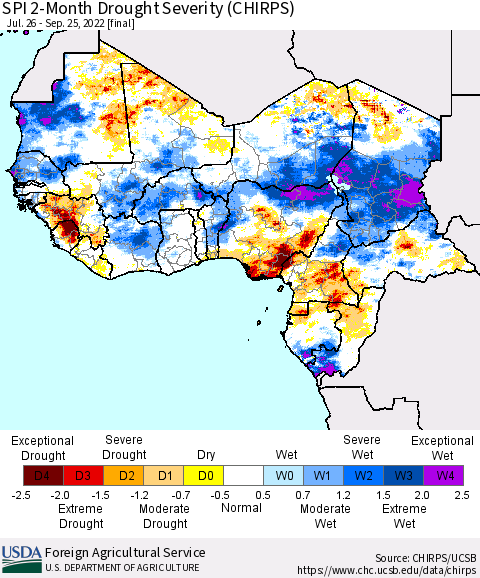 Western Africa SPI 2-Month Drought Severity (CHIRPS) Thematic Map For 7/26/2022 - 9/25/2022