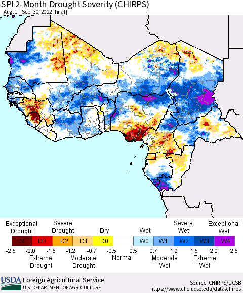 Western Africa SPI 2-Month Drought Severity (CHIRPS) Thematic Map For 8/1/2022 - 9/30/2022