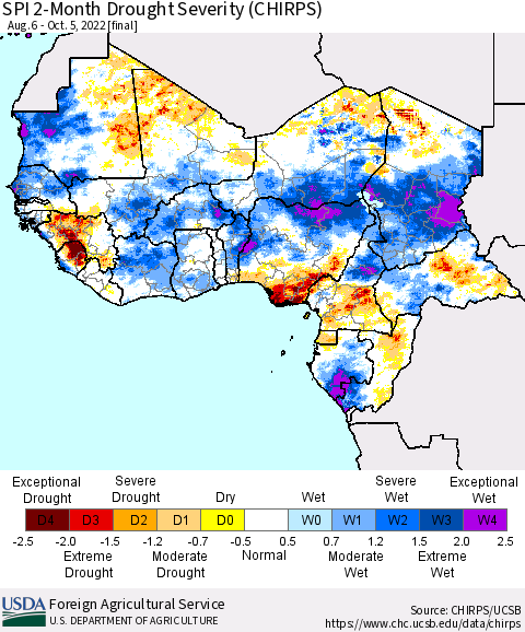 Western Africa SPI 2-Month Drought Severity (CHIRPS) Thematic Map For 8/6/2022 - 10/5/2022