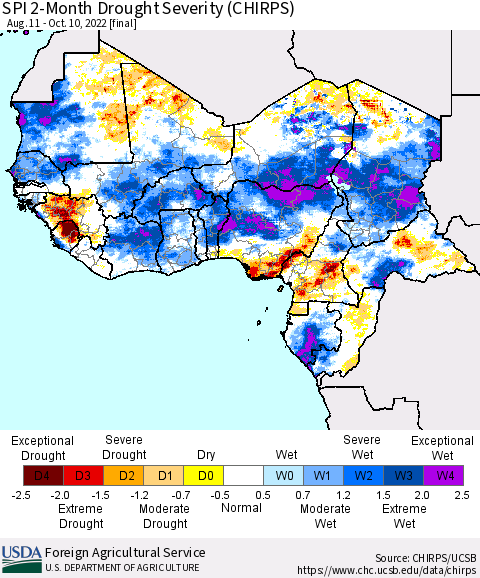 Western Africa SPI 2-Month Drought Severity (CHIRPS) Thematic Map For 8/11/2022 - 10/10/2022