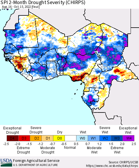 Western Africa SPI 2-Month Drought Severity (CHIRPS) Thematic Map For 8/16/2022 - 10/15/2022