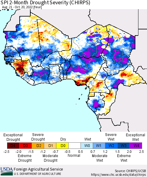 Western Africa SPI 2-Month Drought Severity (CHIRPS) Thematic Map For 8/21/2022 - 10/20/2022