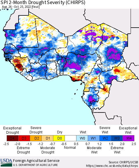 Western Africa SPI 2-Month Drought Severity (CHIRPS) Thematic Map For 8/26/2022 - 10/25/2022