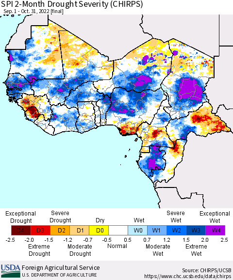 Western Africa SPI 2-Month Drought Severity (CHIRPS) Thematic Map For 9/1/2022 - 10/31/2022