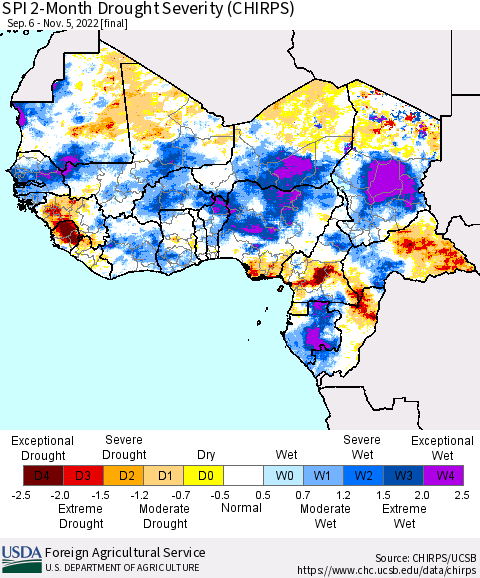 Western Africa SPI 2-Month Drought Severity (CHIRPS) Thematic Map For 9/6/2022 - 11/5/2022