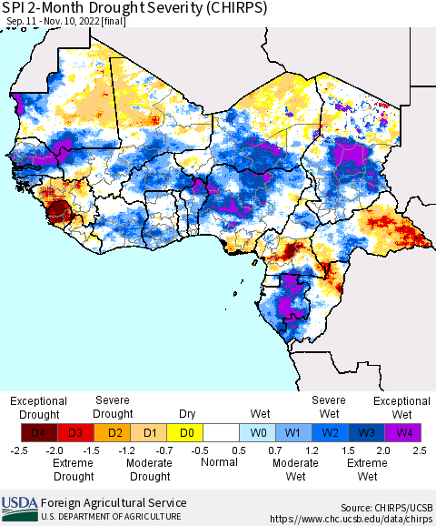 Western Africa SPI 2-Month Drought Severity (CHIRPS) Thematic Map For 9/11/2022 - 11/10/2022