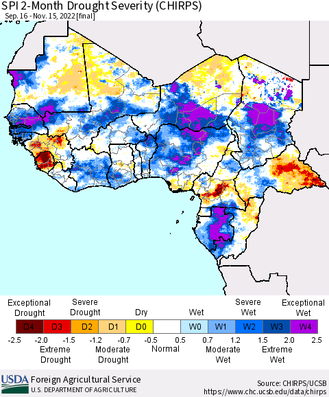 Western Africa SPI 2-Month Drought Severity (CHIRPS) Thematic Map For 9/16/2022 - 11/15/2022