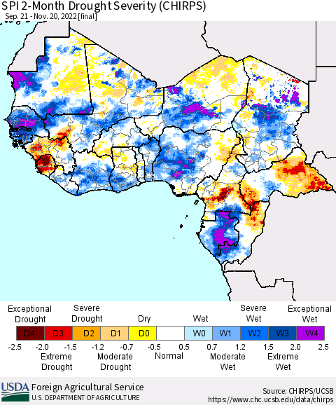 Western Africa SPI 2-Month Drought Severity (CHIRPS) Thematic Map For 9/21/2022 - 11/20/2022