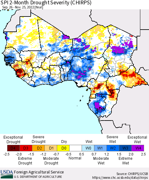 Western Africa SPI 2-Month Drought Severity (CHIRPS) Thematic Map For 9/26/2022 - 11/25/2022