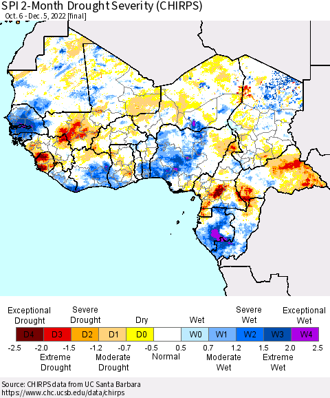 Western Africa SPI 2-Month Drought Severity (CHIRPS) Thematic Map For 10/6/2022 - 12/5/2022