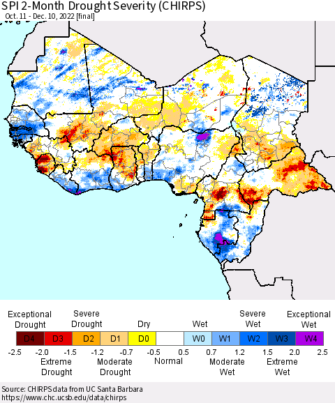 Western Africa SPI 2-Month Drought Severity (CHIRPS) Thematic Map For 10/11/2022 - 12/10/2022