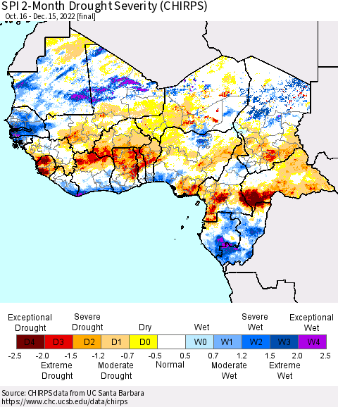 Western Africa SPI 2-Month Drought Severity (CHIRPS) Thematic Map For 10/16/2022 - 12/15/2022