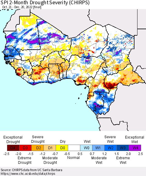 Western Africa SPI 2-Month Drought Severity (CHIRPS) Thematic Map For 10/21/2022 - 12/20/2022