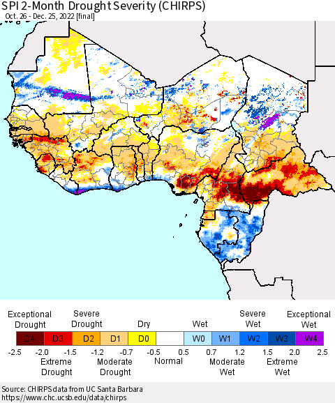 Western Africa SPI 2-Month Drought Severity (CHIRPS) Thematic Map For 10/26/2022 - 12/25/2022