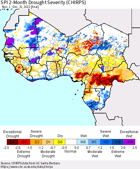 Western Africa SPI 2-Month Drought Severity (CHIRPS) Thematic Map For 11/1/2022 - 12/31/2022