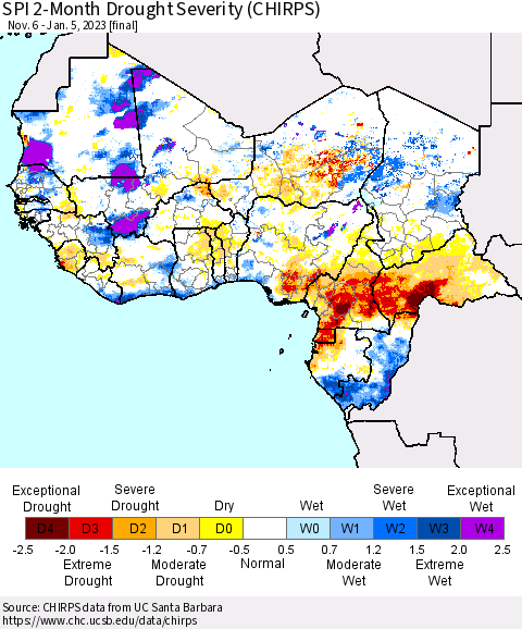 Western Africa SPI 2-Month Drought Severity (CHIRPS) Thematic Map For 11/6/2022 - 1/5/2023