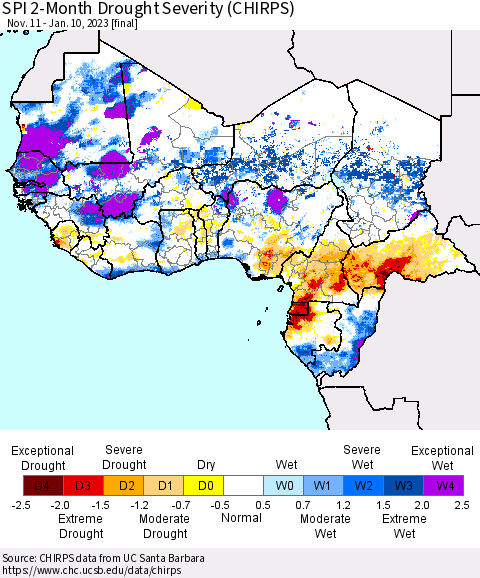 Western Africa SPI 2-Month Drought Severity (CHIRPS) Thematic Map For 11/11/2022 - 1/10/2023
