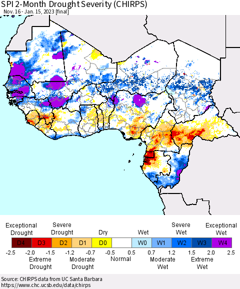 Western Africa SPI 2-Month Drought Severity (CHIRPS) Thematic Map For 11/16/2022 - 1/15/2023
