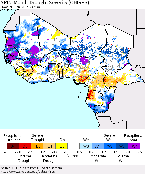 Western Africa SPI 2-Month Drought Severity (CHIRPS) Thematic Map For 11/21/2022 - 1/20/2023