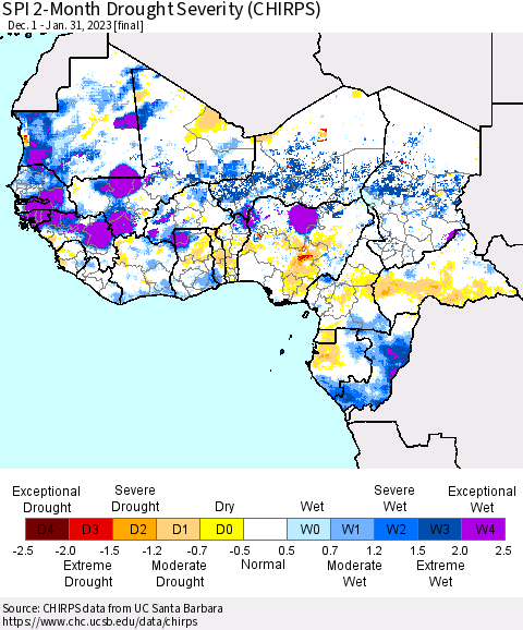 Western Africa SPI 2-Month Drought Severity (CHIRPS) Thematic Map For 12/1/2022 - 1/31/2023