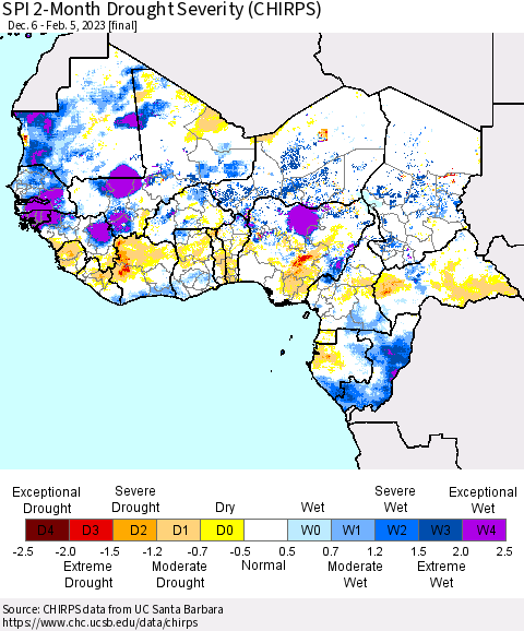 Western Africa SPI 2-Month Drought Severity (CHIRPS) Thematic Map For 12/6/2022 - 2/5/2023