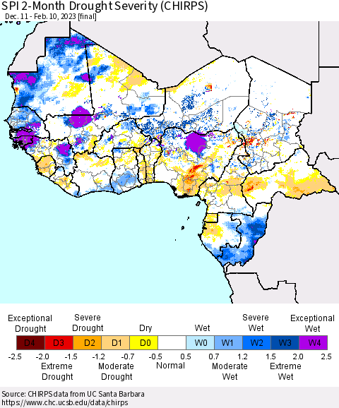 Western Africa SPI 2-Month Drought Severity (CHIRPS) Thematic Map For 12/11/2022 - 2/10/2023