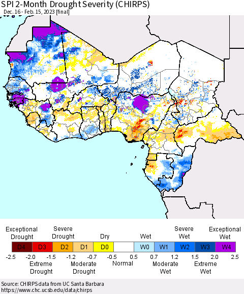 Western Africa SPI 2-Month Drought Severity (CHIRPS) Thematic Map For 12/16/2022 - 2/15/2023