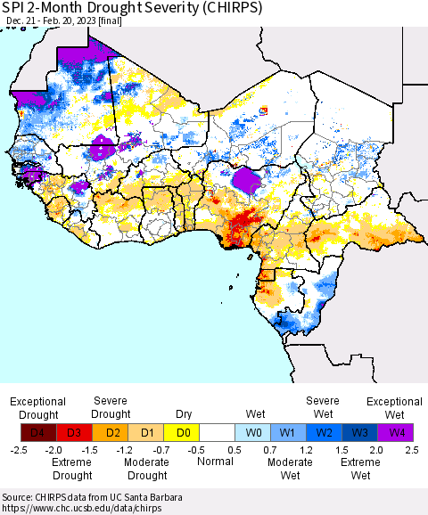 Western Africa SPI 2-Month Drought Severity (CHIRPS) Thematic Map For 12/21/2022 - 2/20/2023