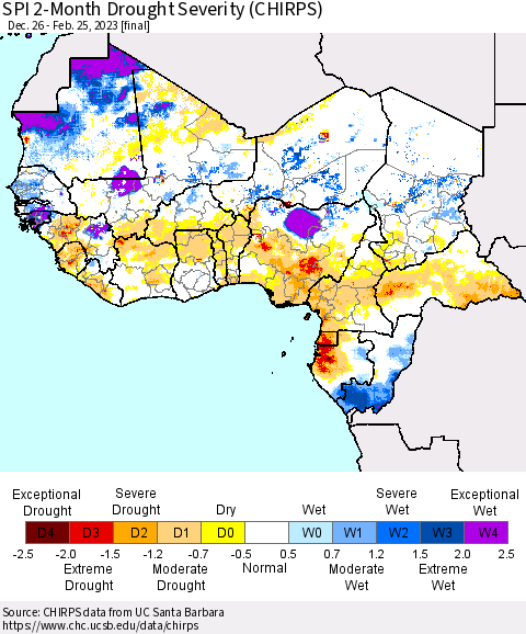 Western Africa SPI 2-Month Drought Severity (CHIRPS) Thematic Map For 12/26/2022 - 2/25/2023