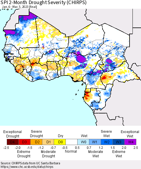 Western Africa SPI 2-Month Drought Severity (CHIRPS) Thematic Map For 1/6/2023 - 3/5/2023