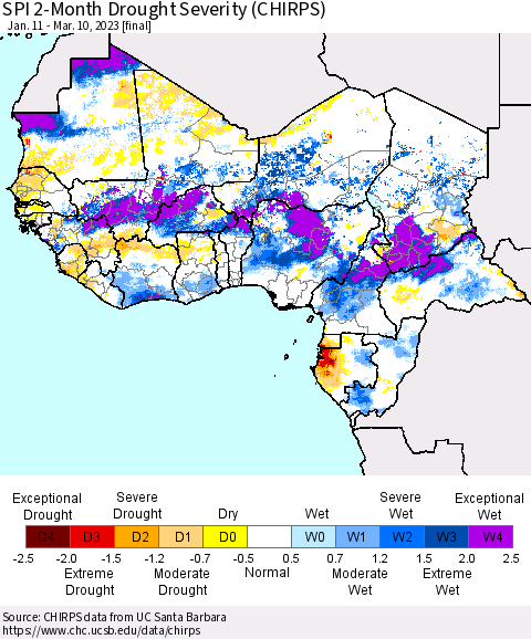 Western Africa SPI 2-Month Drought Severity (CHIRPS) Thematic Map For 1/11/2023 - 3/10/2023