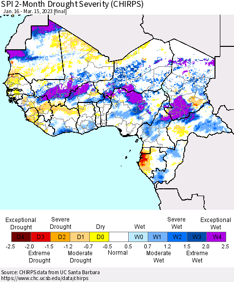 Western Africa SPI 2-Month Drought Severity (CHIRPS) Thematic Map For 1/16/2023 - 3/15/2023