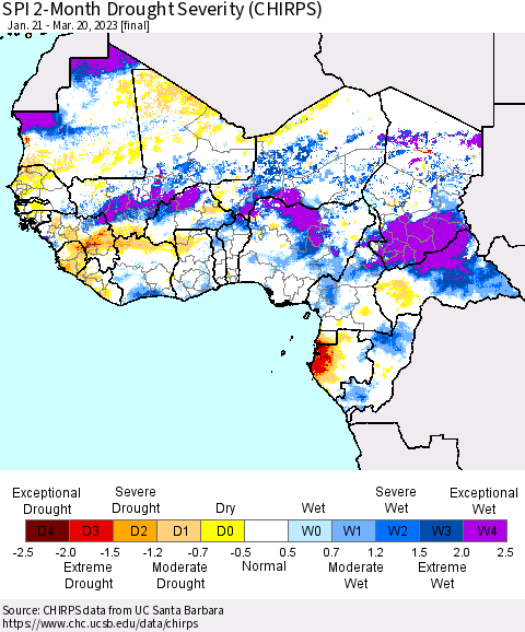 Western Africa SPI 2-Month Drought Severity (CHIRPS) Thematic Map For 1/21/2023 - 3/20/2023