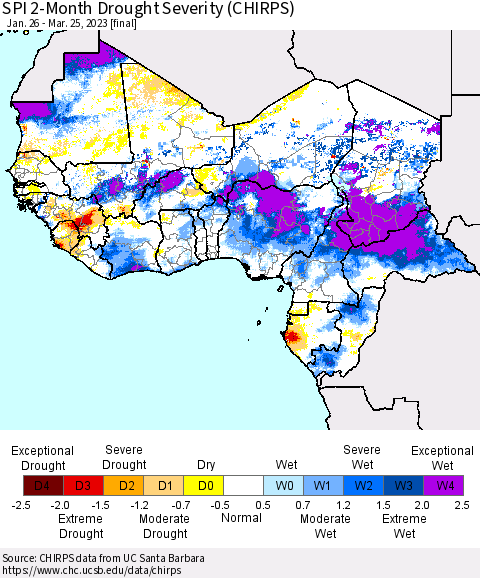 Western Africa SPI 2-Month Drought Severity (CHIRPS) Thematic Map For 1/26/2023 - 3/25/2023