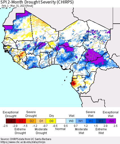 Western Africa SPI 2-Month Drought Severity (CHIRPS) Thematic Map For 2/1/2023 - 3/31/2023