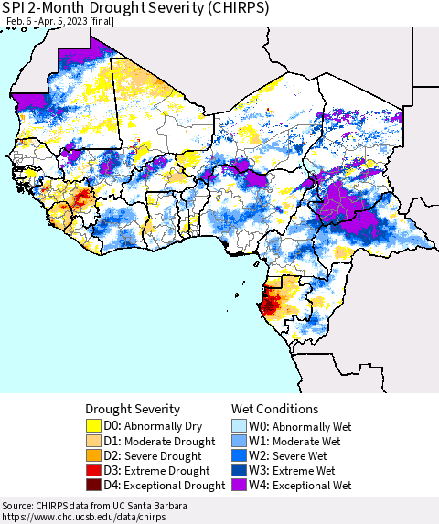 Western Africa SPI 2-Month Drought Severity (CHIRPS) Thematic Map For 2/6/2023 - 4/5/2023