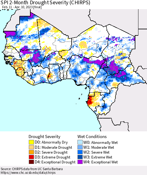 Western Africa SPI 2-Month Drought Severity (CHIRPS) Thematic Map For 2/11/2023 - 4/10/2023