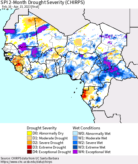 Western Africa SPI 2-Month Drought Severity (CHIRPS) Thematic Map For 2/16/2023 - 4/15/2023