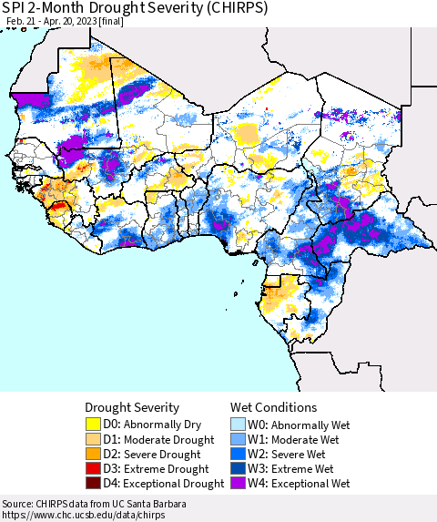 Western Africa SPI 2-Month Drought Severity (CHIRPS) Thematic Map For 2/21/2023 - 4/20/2023