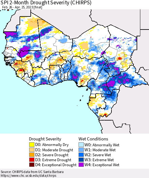 Western Africa SPI 2-Month Drought Severity (CHIRPS) Thematic Map For 2/26/2023 - 4/25/2023