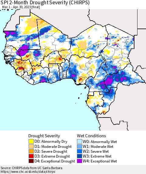 Western Africa SPI 2-Month Drought Severity (CHIRPS) Thematic Map For 3/1/2023 - 4/30/2023