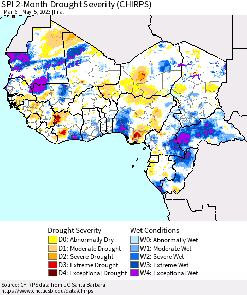Western Africa SPI 2-Month Drought Severity (CHIRPS) Thematic Map For 3/6/2023 - 5/5/2023