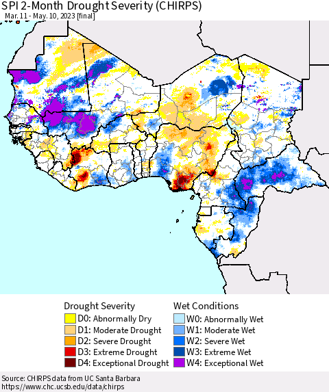 Western Africa SPI 2-Month Drought Severity (CHIRPS) Thematic Map For 3/11/2023 - 5/10/2023