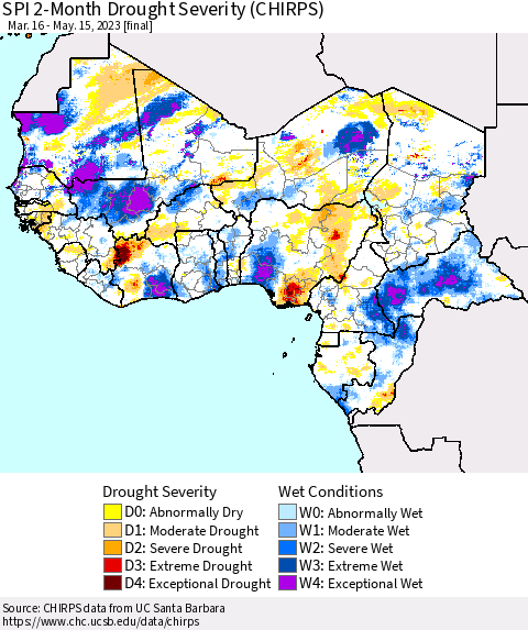 Western Africa SPI 2-Month Drought Severity (CHIRPS) Thematic Map For 3/16/2023 - 5/15/2023