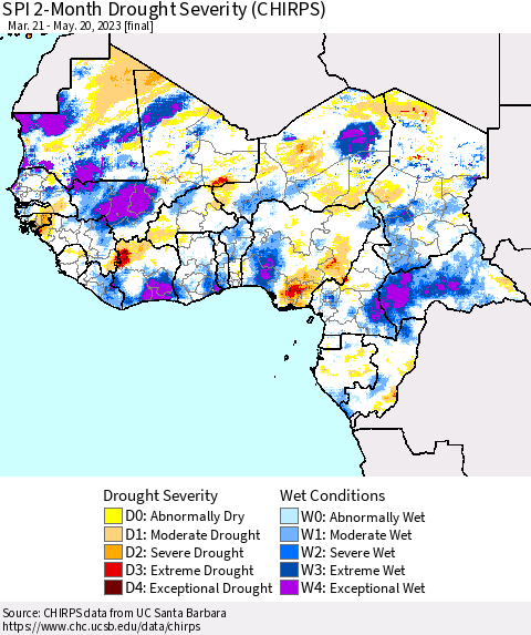 Western Africa SPI 2-Month Drought Severity (CHIRPS) Thematic Map For 3/21/2023 - 5/20/2023