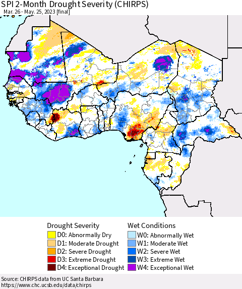 Western Africa SPI 2-Month Drought Severity (CHIRPS) Thematic Map For 3/26/2023 - 5/25/2023