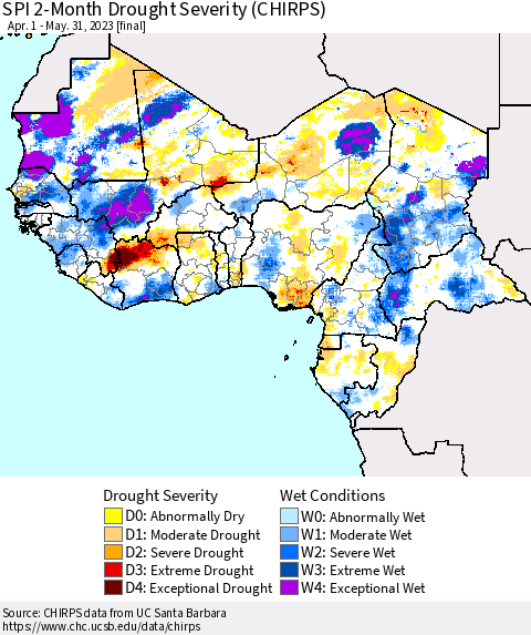 Western Africa SPI 2-Month Drought Severity (CHIRPS) Thematic Map For 4/1/2023 - 5/31/2023