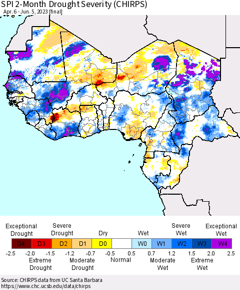 Western Africa SPI 2-Month Drought Severity (CHIRPS) Thematic Map For 4/6/2023 - 6/5/2023